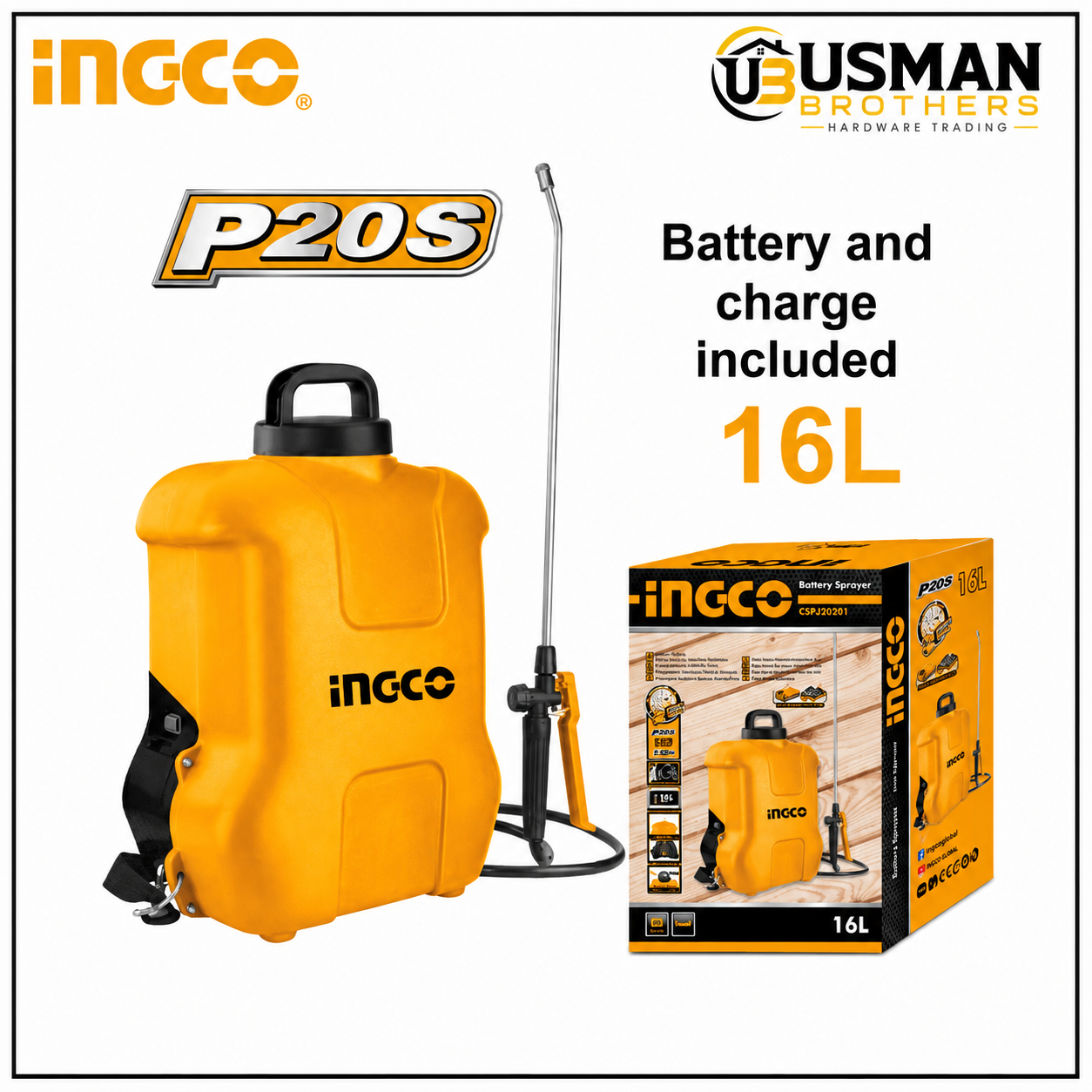 INGCO CSPLI2001 20V Lithium Battery Sprayer Cordless Garden & Agriculture Sprayer | Usman Brothers