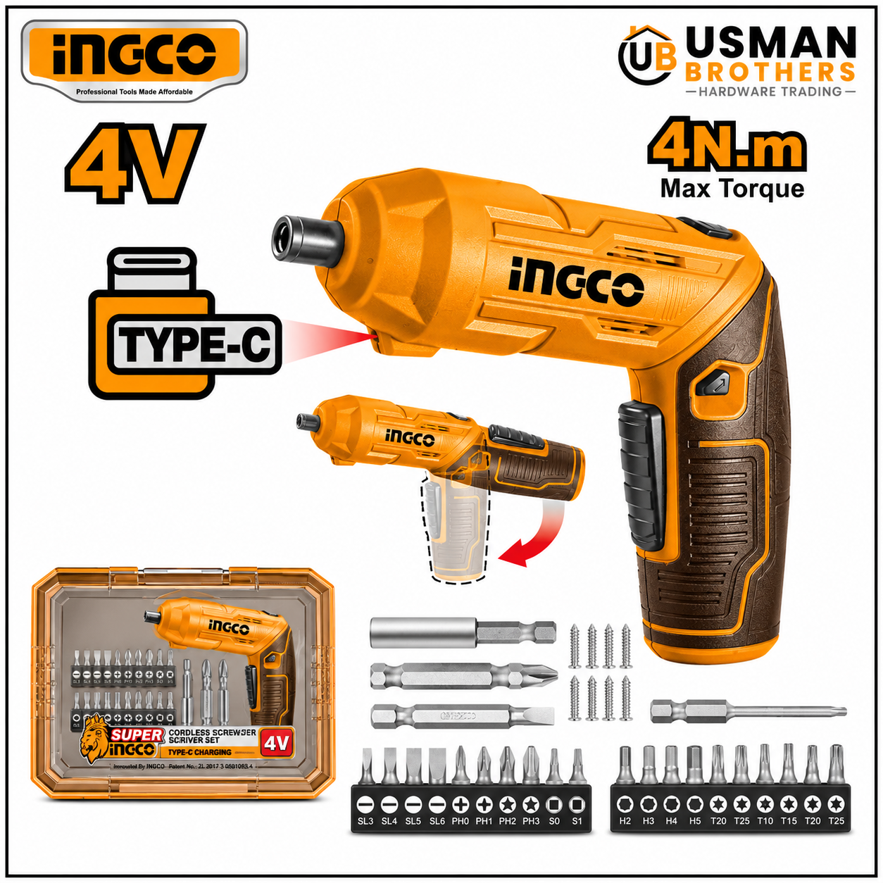 INGCO CSDLI04425 4V Cordless Screwdriver Lithium-Ion Electric Screw Driver | Usman Brothers