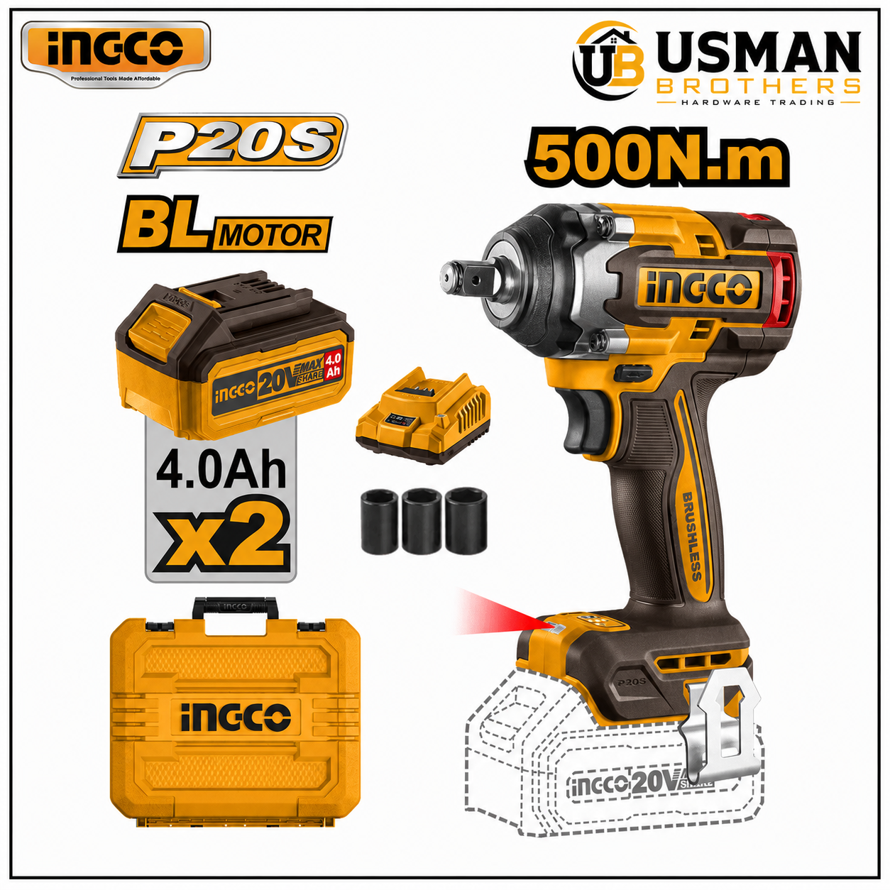 INGCO CIWLI2050 20V Lithium-Ion Cordless Impact Wrench High Torque Power Tool | Usman Brothers