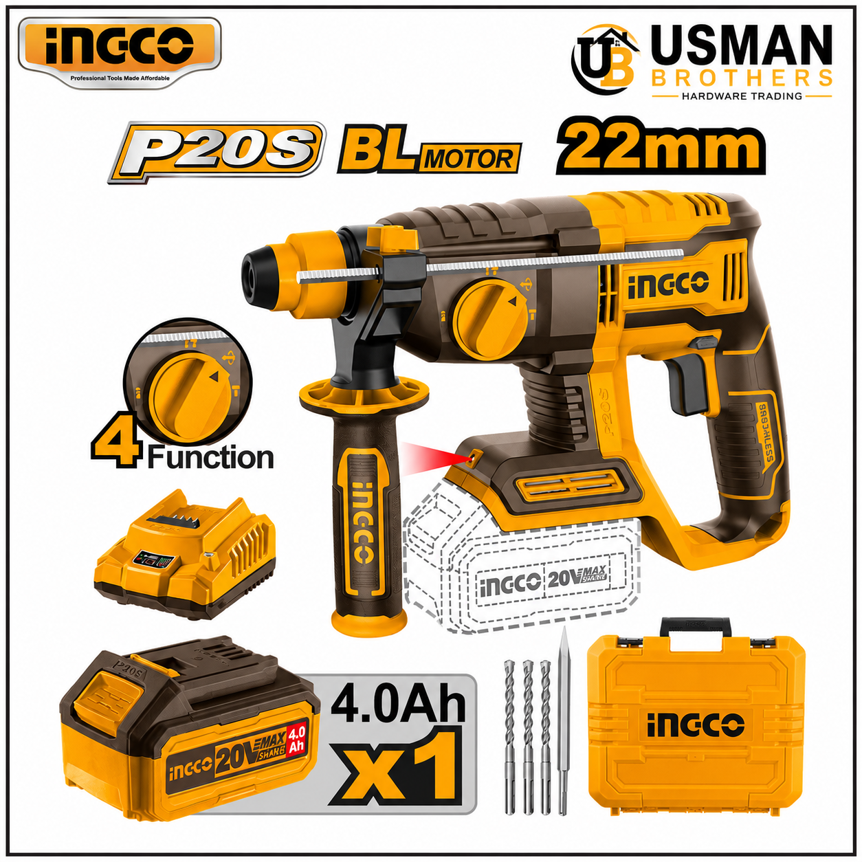 INGCO CRHLI202081 20V Cordless Rotary Hammer SDS Plus Concrete Drill Machine | Usman Brothers