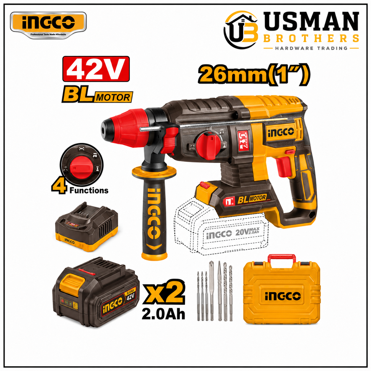 INGCO 42V Brushless Cordless Rotary Hammer Drill 26mm SDS Plus – CRHLI422682 | Usman Brothers