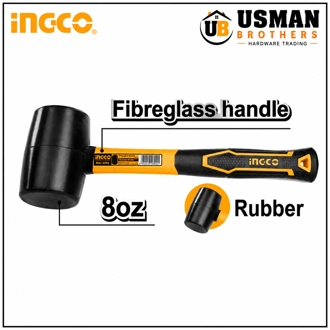 INGCO 8oz Rubber Hammer with Fiberglass Handle – HRUH8208 | Usman Brothers