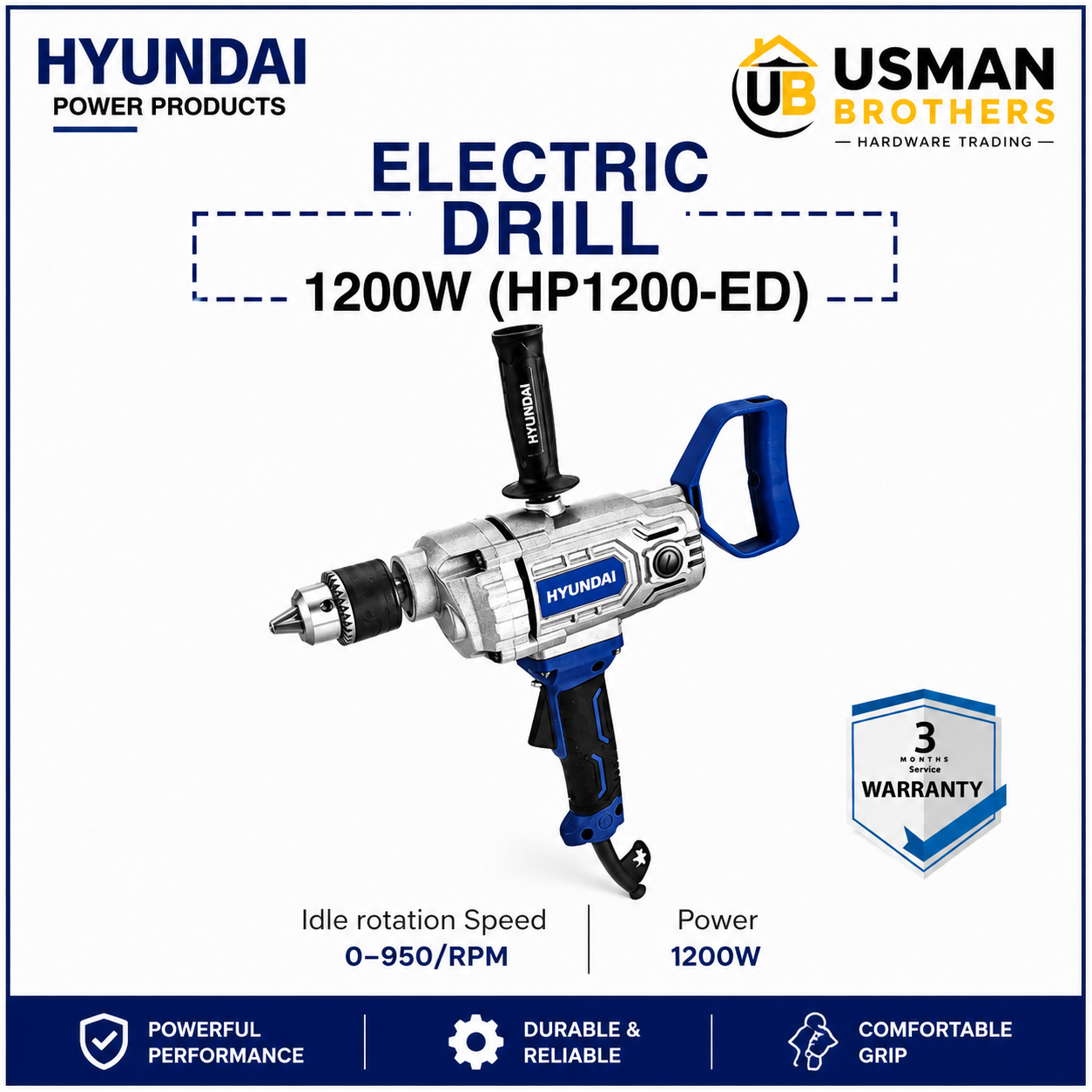 Hyundai 1200W Electric Drill – HP1200-ED | Usman Brothers