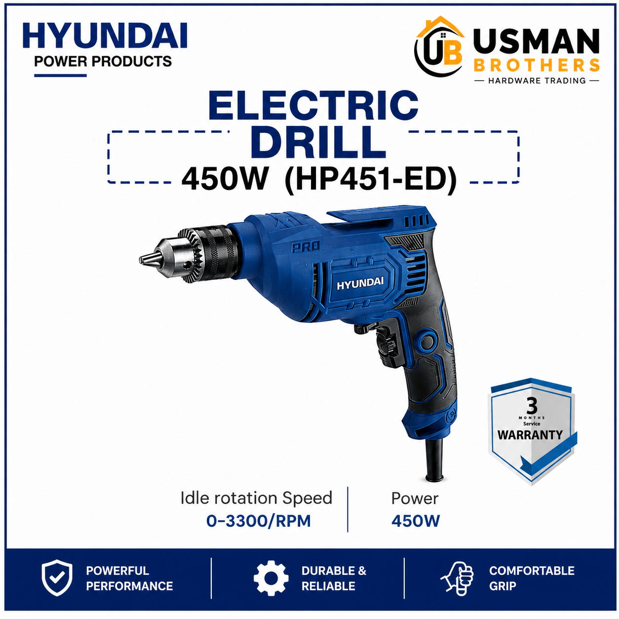 Hyundai 450W Electric Drill – HP451-ED | Usman Brothers