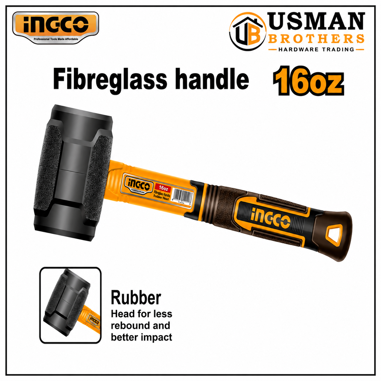 INGCO 16oz Rubber Hammer Soft Face Mallet – HRUH8816 | Usman Brothers