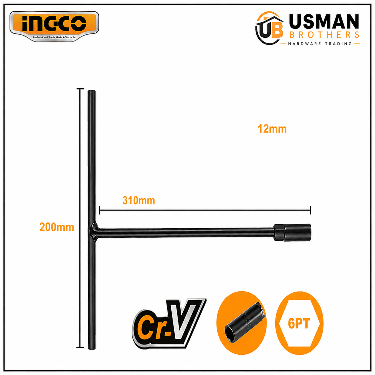INGCO 12mm T-Handle Socket Wrench – HTSWB1908 | Usman Brothers