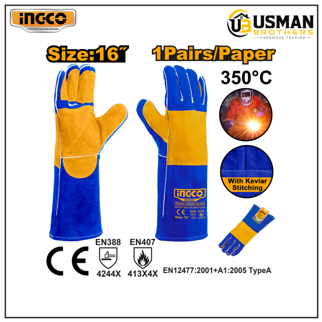 INGCO Welding Leather Gloves – HGVW04 | Heat Resistant Safety Welding Gloves | Usman Brothers