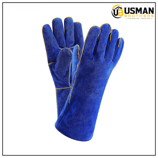 Blue Split Leather Welding Safety Gloves | Heat Resistant Industrial Work Gloves | Usman Brothers