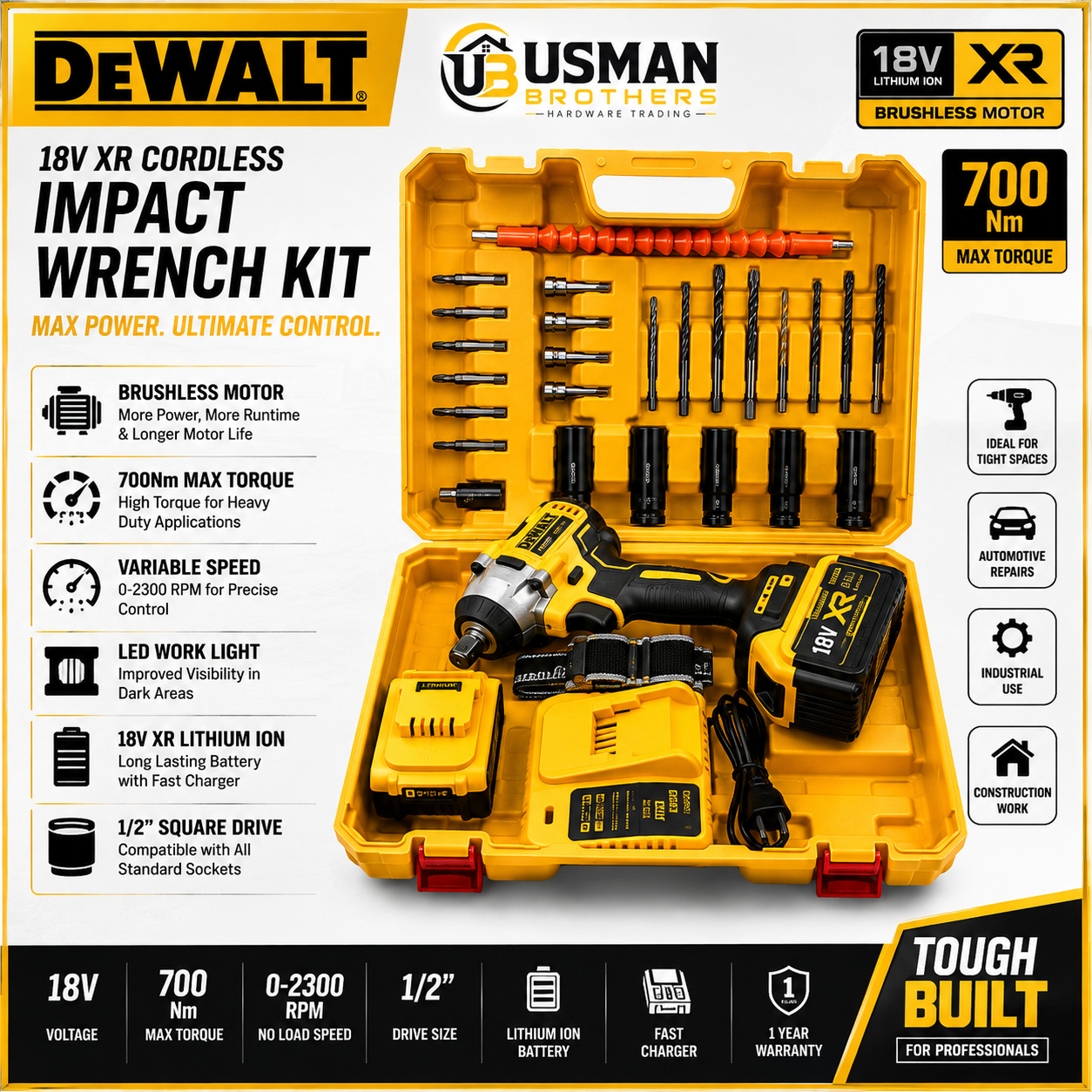 DEWALT 18V XR Brushless Impact Wrench Kit – 700Nm Max Torque with Complete Tool Set | Usman Brothers