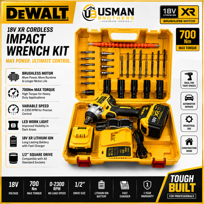 DEWALT 18V XR Brushless Impact Wrench Kit – 700Nm Max Torque with Complete Tool Set | Usman Brothers