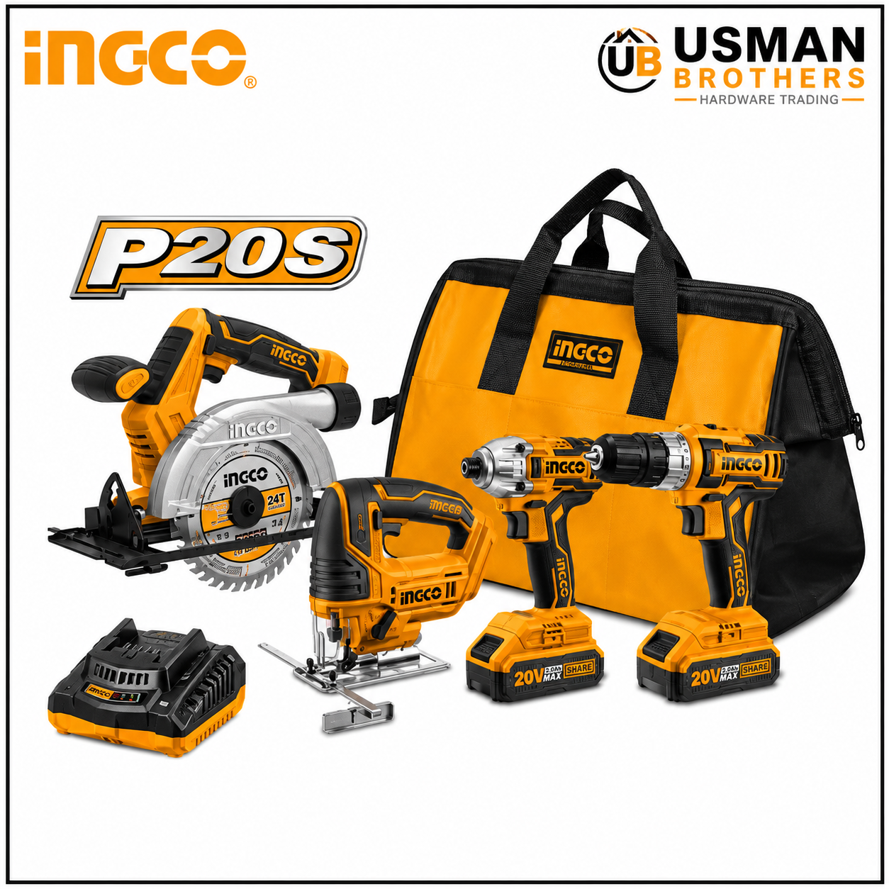 INGCO CKLI2010 20V Lithium-Ion Cordless 4-Piece Combo Power Tool Kit | Usman Brothers