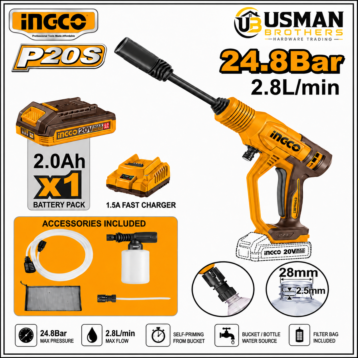 INGCO CPWLI20362 20V Cordless Pressure Washer Portable High Pressure Cleaner | Usman Brothers