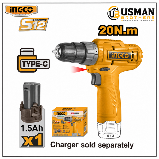 INGCO CDLI12428 12V Lithium-Ion Cordless Drill Driver Compact Power Tool | Usman Brothers