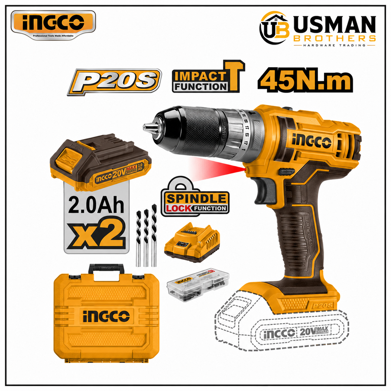 INGCO CIDLI201452 20V Lithium-Ion Cordless Impact Drill Driver High Performance Power Tool | Usman Brothers