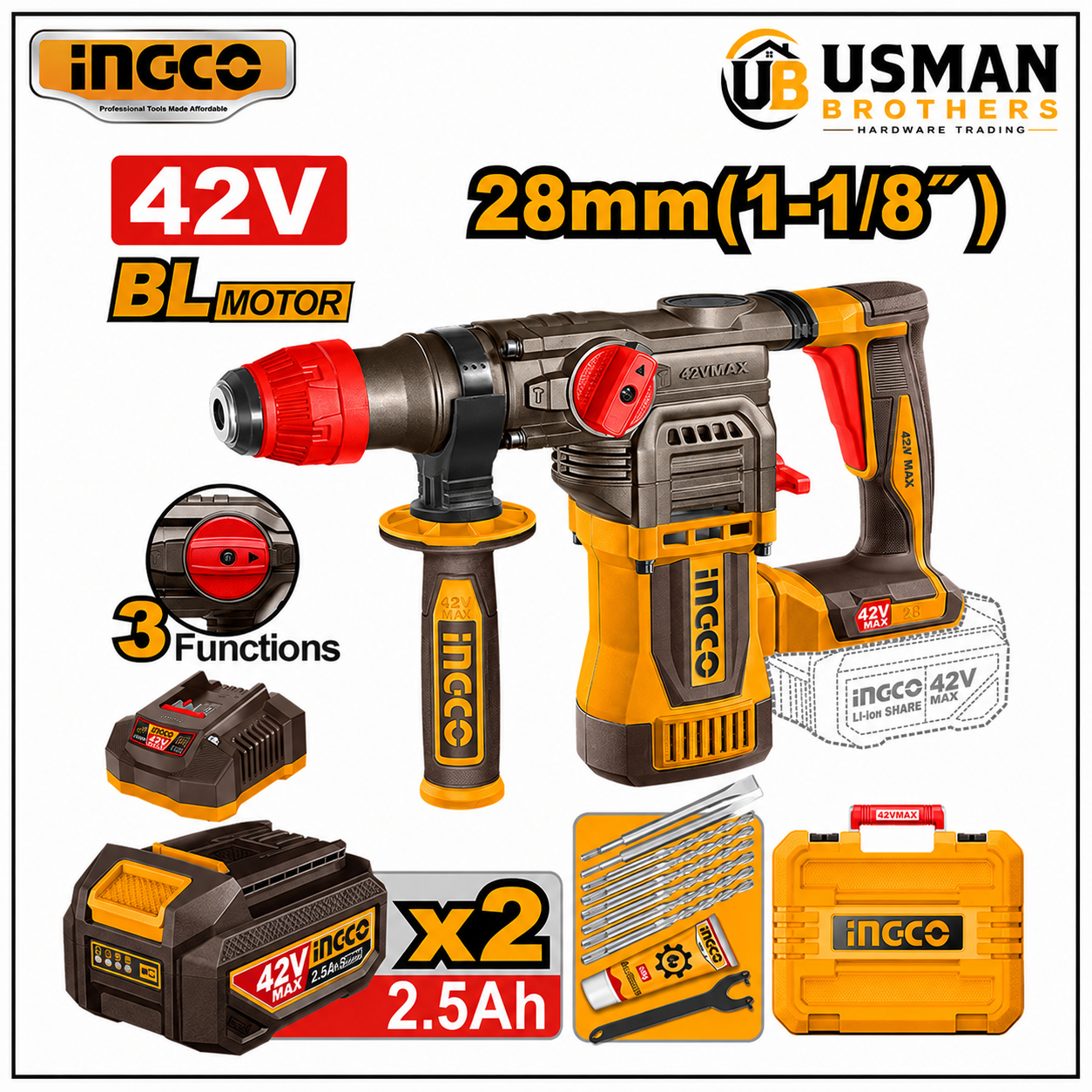 INGCO CRHLI422882 22V Cordless Rotary Hammer SDS Plus Concrete Drill Machine | Usman Brothers