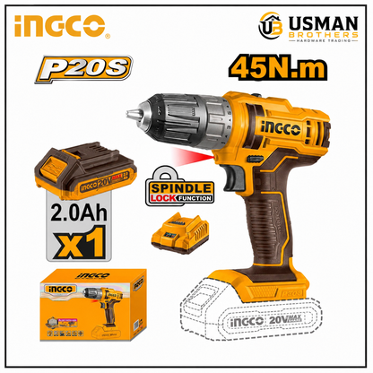 INGCO 20V Lithium-Ion Cordless Drill Machine 45Nm Dual Speed CDLI200518 | Usman Brothers
