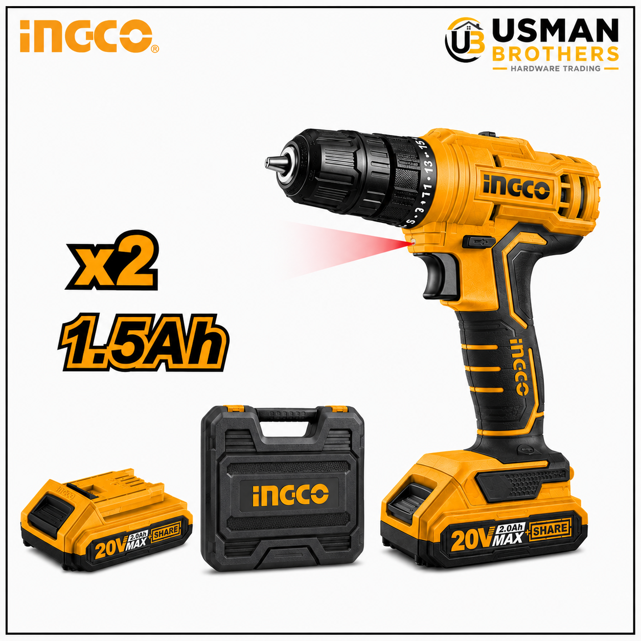 INGCO CDLI20012 20V Lithium-Ion Cordless Drill Driver Power Tool | Usman Brothers