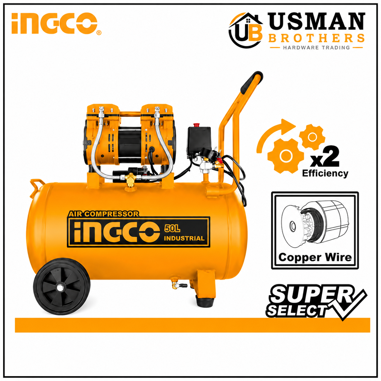 INGCO 1200W 50L Oil-Free Air Compressor 1.6HP – ACS112501 | Usman Brothers