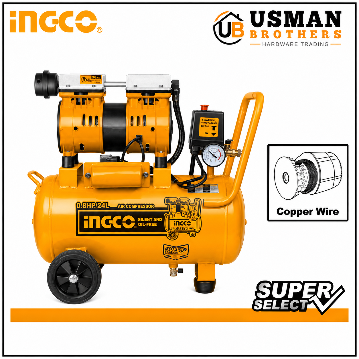 INGCO 0.8HP 24L Oil-Free Silent Air Compressor – ACS175241 | Usman Brothers
