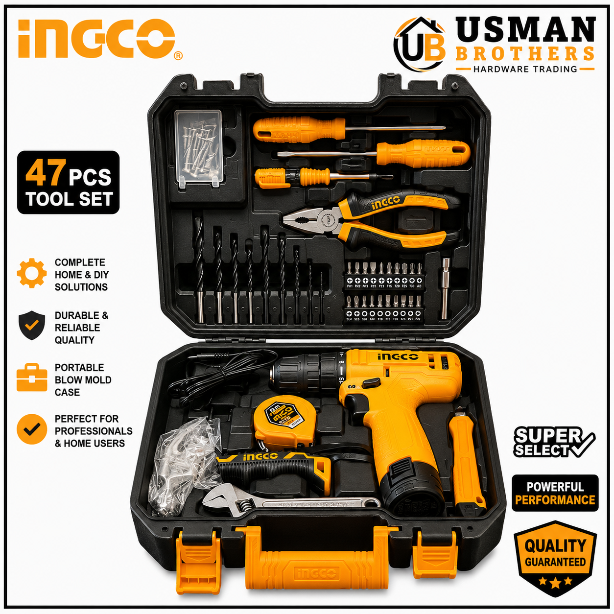 INGCO 81 Pcs Household Tool Set with 12V Cordless Drill – HKTHP10811 | Usman Brothers