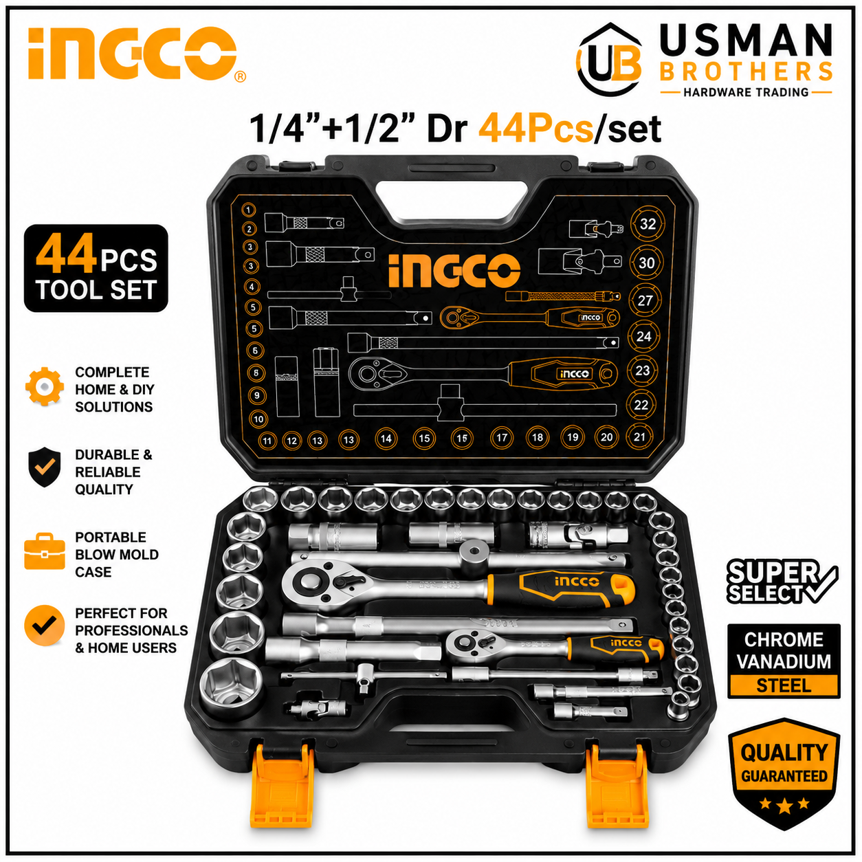INGCO 45 Pcs 1/4″ Drive Socket Set CR-V with Ratchet Wrench – HKTS14451 | Usman Brothers
