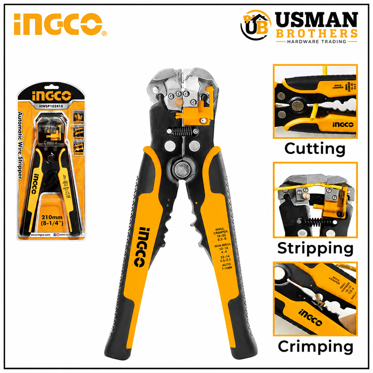 INGCO Automatic 3-in-1 Wire Stripper, Cutter & Crimping Tool – HWSP102418 | Usman Brothers