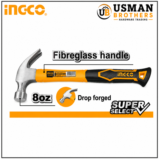 INGCO 8oz Claw Hammer with Fiberglass Handle – HCH80808 | Usman Brothers