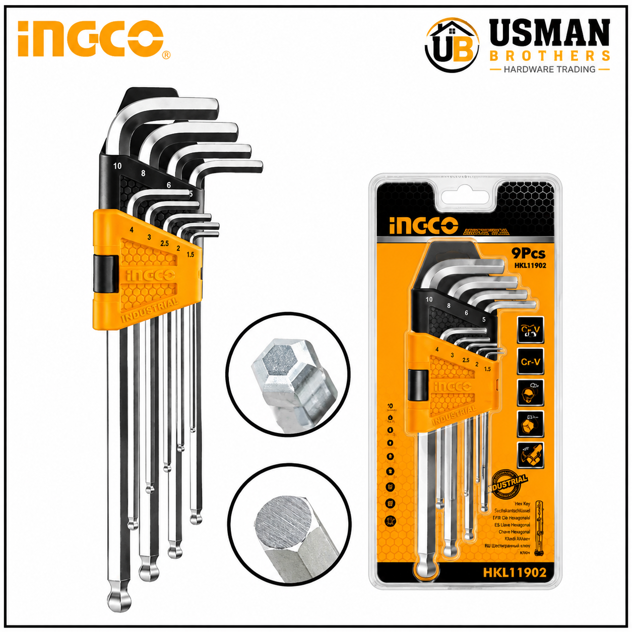 INGCO 9 Pcs Ball Point Hex Key Set CR-V – HHK12092 | Usman Brothers