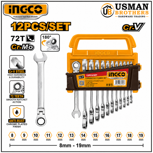INGCO 12 Pcs Ratchet Combination Spanner Set – HKSPAR1122 | Usman Brothers