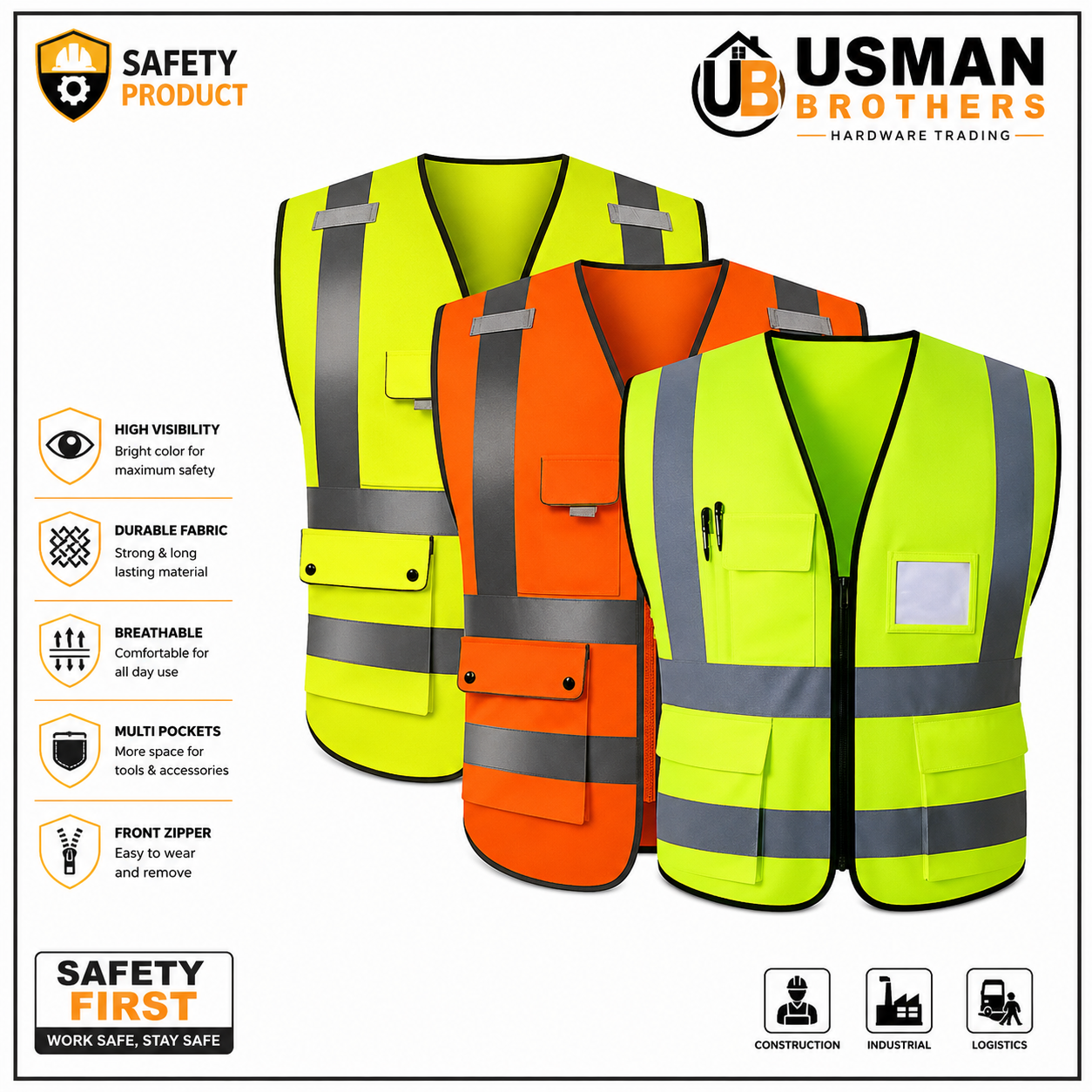 Reflective Safety Jacket | High Visibility Safety Vest | Industrial Safety Vest | Usman Brothers