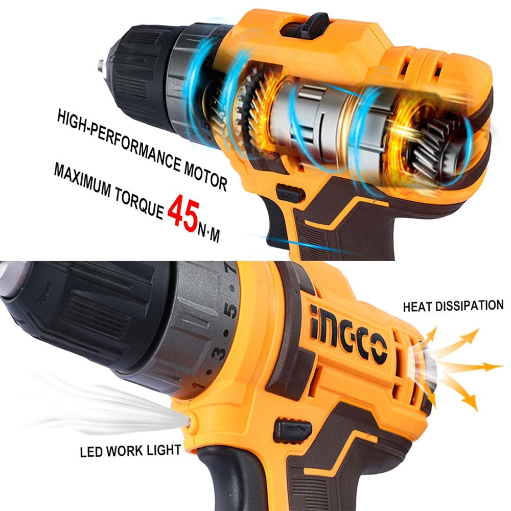 INGCO 20V Lithium-Ion Cordless Drill Machine 45Nm Dual Speed CDLI200518 | Usman Brothers