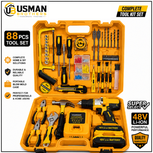 117 Pcs 48V Cordless Drill Tool Kit with 2 Batteries & Charger | Usman Brothers